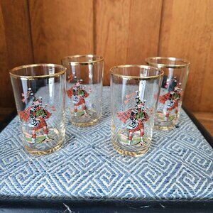 Vintage Scottish Bagpiper Whiskey Shot Glasses, Gold Trim, Set of 4